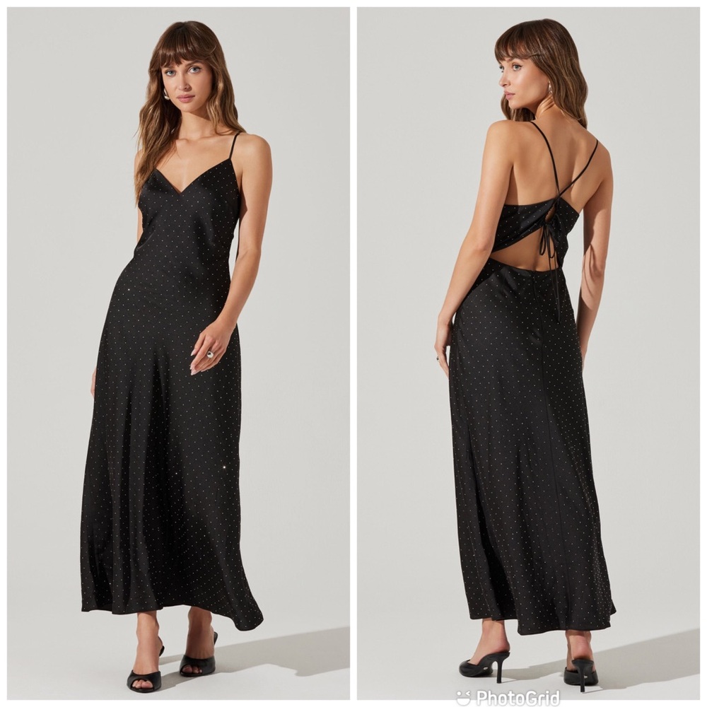 ASTR Bonney Black Satin‎ Slip Maxi Dress Rhinestone Cocktail Party Goth Sz Large